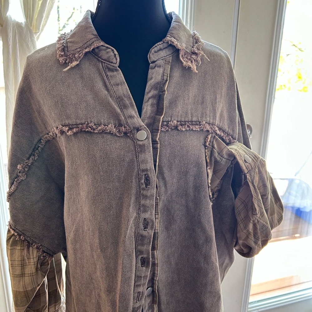 Frayed Denim Button-Up Shirt with Plaid Sleeves